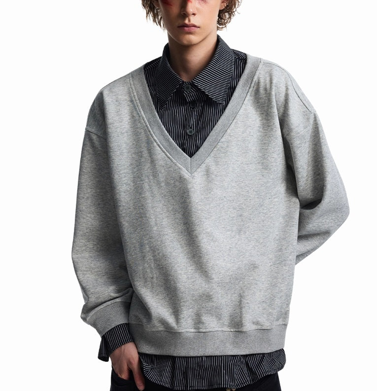 Autumn Stitching Plaid Shirt Collar Sweater Men's Fake Two Pieces