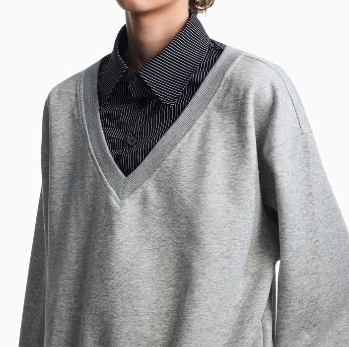 Autumn Stitching Plaid Shirt Collar Sweater Men's Fake Two Pieces