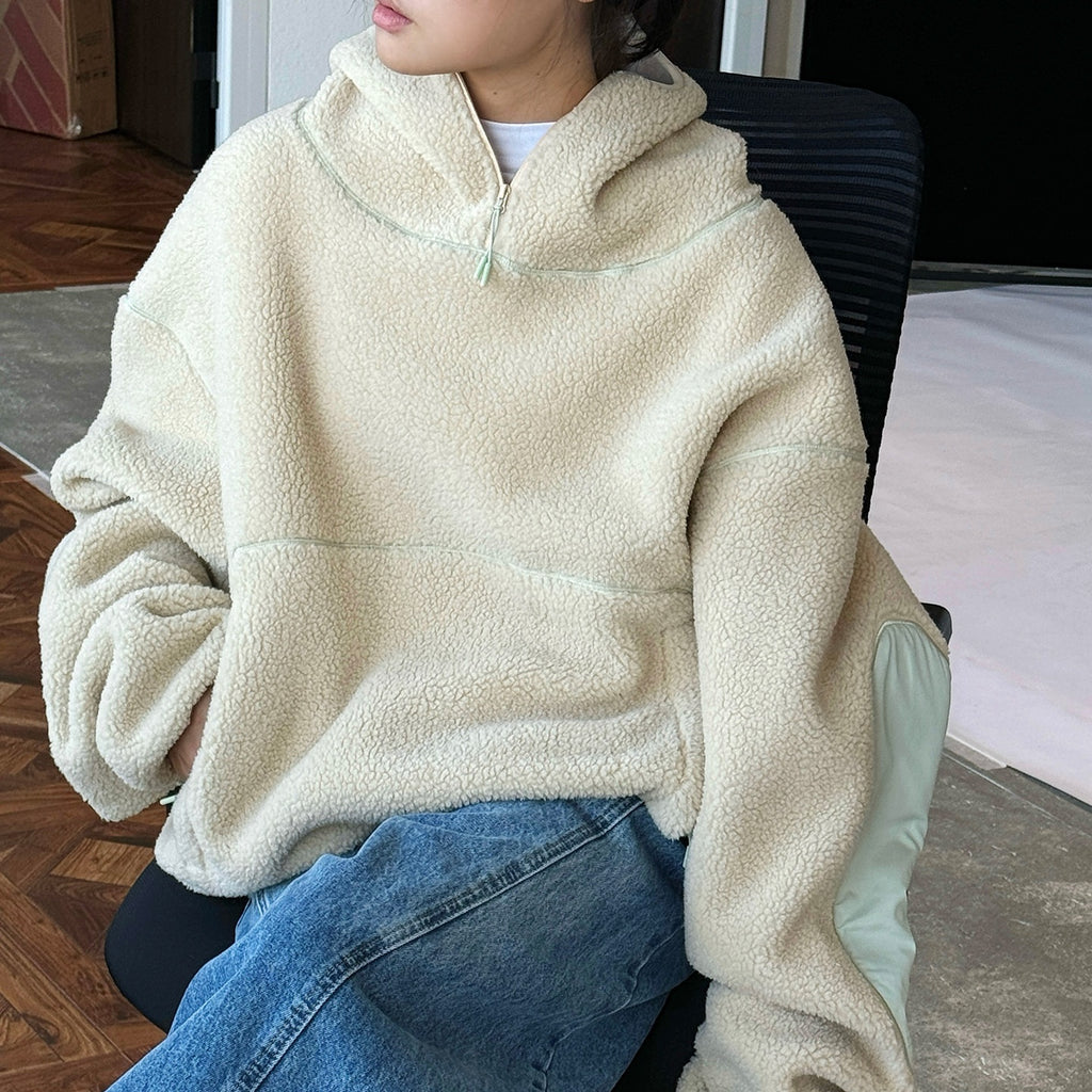 Casual Wind-proof Cap Lamb Wool Sweatshirt Thick Warm Profile Top