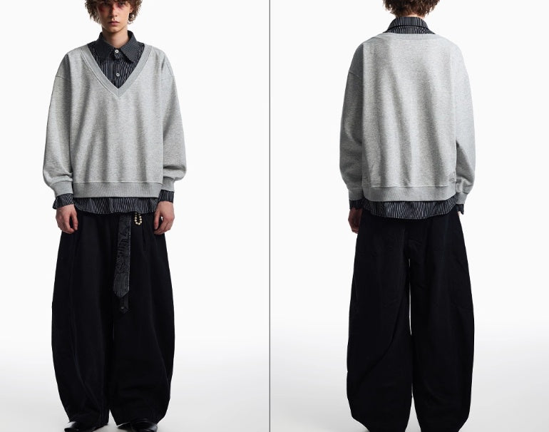 Autumn Stitching Plaid Shirt Collar Sweater Men's Fake Two Pieces