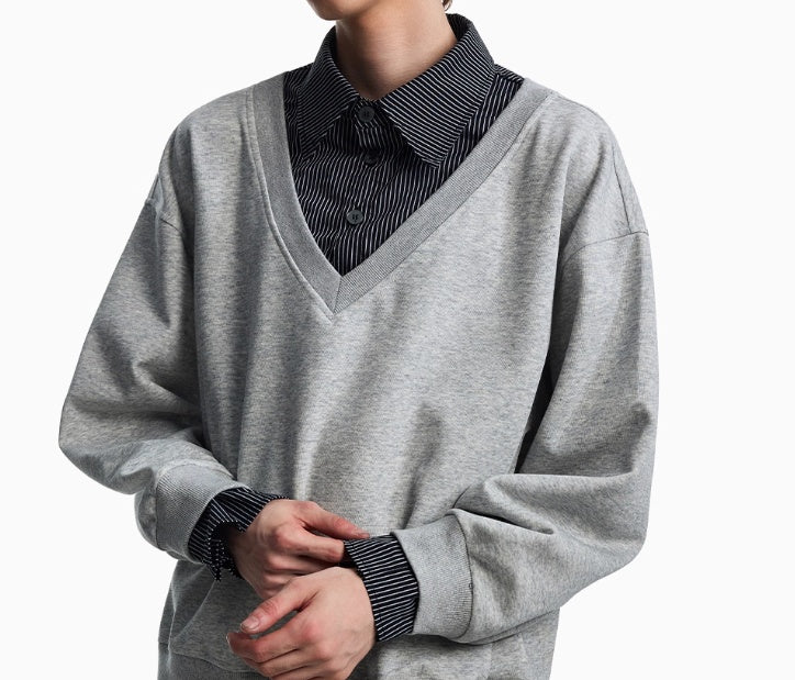 Autumn Stitching Plaid Shirt Collar Sweater Men's Fake Two Pieces