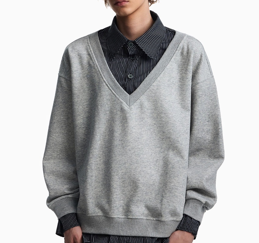 Autumn Stitching Plaid Shirt Collar Sweater Men's Fake Two Pieces