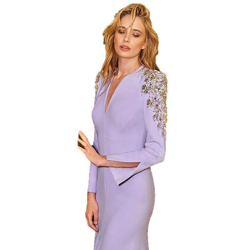 Heavy Industry Beads Diamond Front Slit Small Trailing Dress