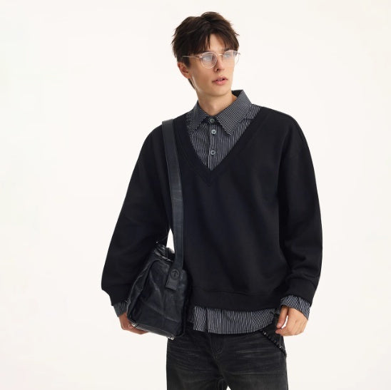 Autumn Stitching Plaid Shirt Collar Sweater Men's Fake Two Pieces