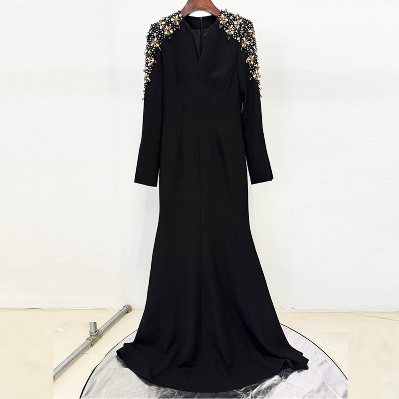 Heavy Industry Beads Diamond Front Slit Small Trailing Dress